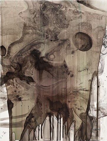 Sumi Ink, Colored Ink, Oil Stick, Wood Glue on White Polypropylene, mounted on Wood Board