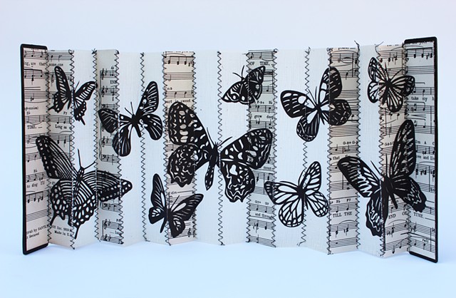 accordion book, book object, found object art, butterflies, cut paper
