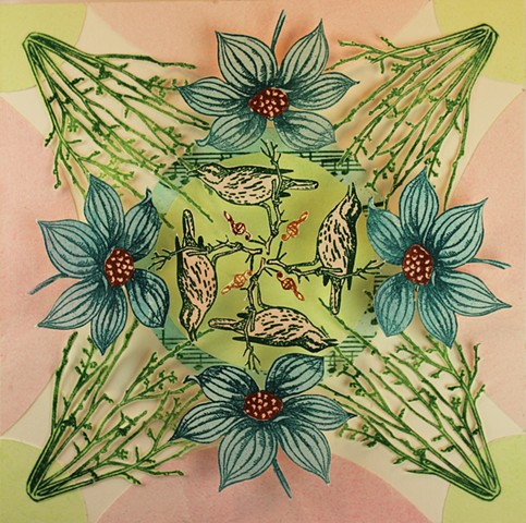 mixed media printmaking, three dimensional, mandala, quotes