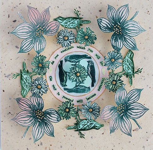 mixed media printmaking, three dimensional, mandala, quotes