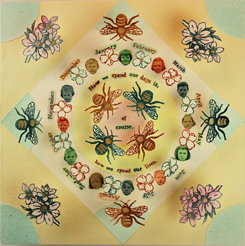 mixed media printmaking, three dimensional, mandala, quotes