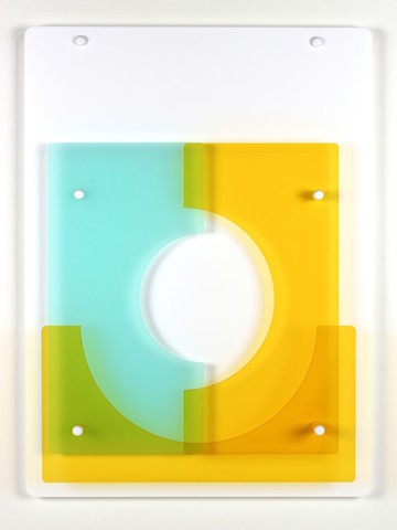 Yellow, blue, and white geometric abstraction based on number sequence in laser-cut acrylic.