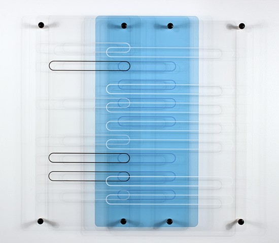 Geometric abstraction in laser-cut fluorescent blue and clear acrylic based on sequence from e.