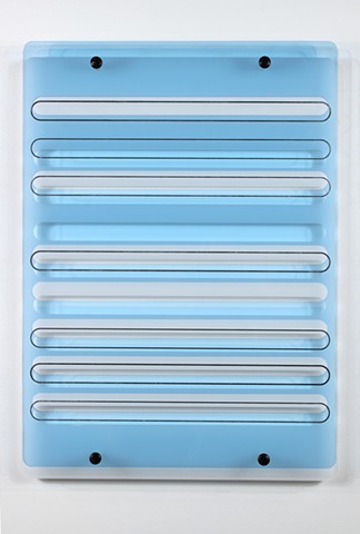 Geometric blue, white, and clear laser-cut acrylic with graphite and nylon spacers.