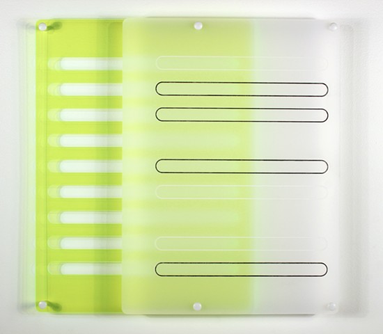 Geometric abstraction in laser-cut green and frosted-clear acrylic based on the number e.