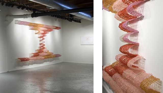 Geometric architectural crocheted fiberglass and polyester resin wall sculpture based on Pascal's Triangle by Yvette Kaiser Smith