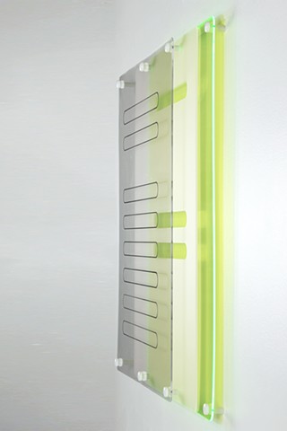Geometric abstraction in laser-cut green, frosted-clear, and clear acrylic based on sequence from e.