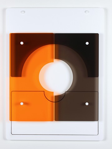 Geometric abstraction in laser-cut acrylic, white, brown, and orange.