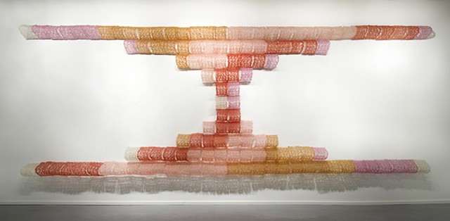 Geometric architectural crocheted fiberglass and polyester resin wall sculpture based on Pascal's Triangle by Yvette Kaiser Smith