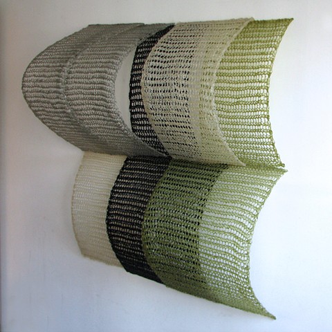 Minimal geometric crocheted fiberglass and polyester resin wall sculpture by Yvette Kaiser Smith
