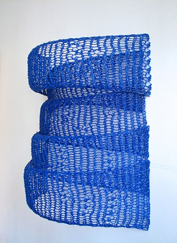 Minimal geometric crocheted fiberglass and polyester resin wall sculpture by Yvette Kaiser Smith