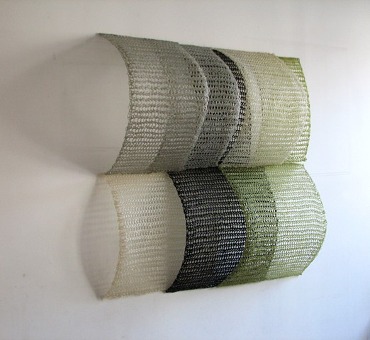 Minimal geometric crocheted fiberglass and polyester resin wall sculpture by Yvette Kaiser Smith