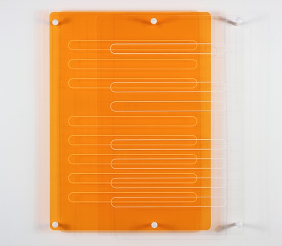 Geometric abstraction in laser-cut fluorescent orange and clear acrylic based on sequence from e.