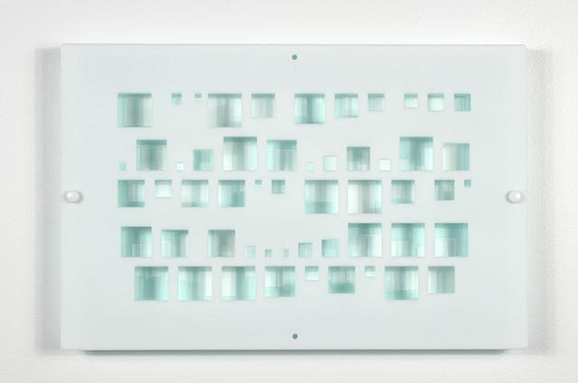 Blue and white laser-cut acrylic template with geometric pattern based on pi by Yvette Kaiser Smith