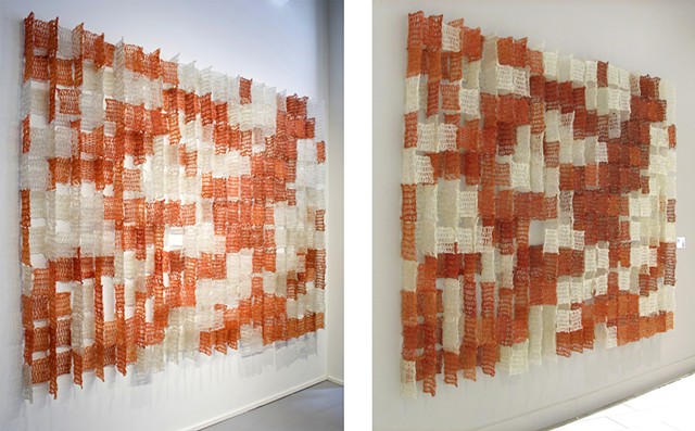 Geometric architectural grid crocheted fiberglass and polyester resin wall sculpture based on the number pi by Yvette Kaiser Smith