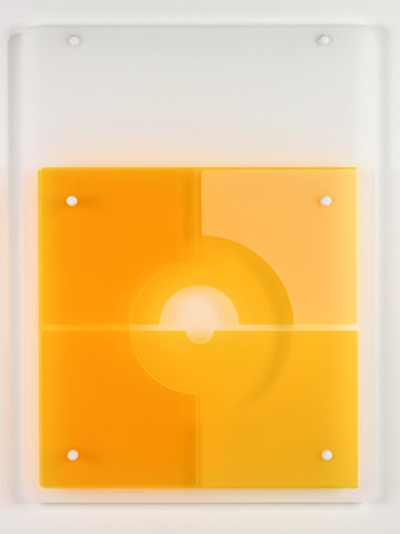 Yellow and white geometric abstraction based on number sequence in laser-cut acrylic.