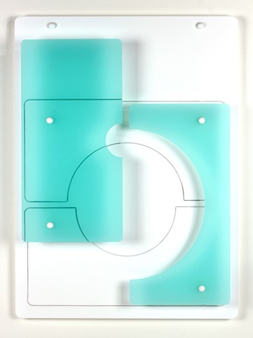 Blue and white geometric abstraction based on number sequence in laser-cut acrylic.