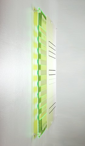 Geometric abstraction in laser-cut green and frosted-clear acrylic based on the number e.