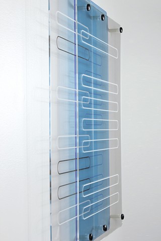 Geometric abstraction in laser-cut fluorescent blue and clear acrylic based on sequence from e.