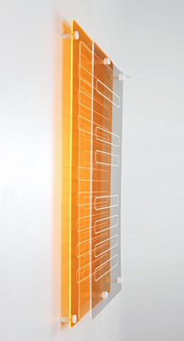 Geometric abstraction in laser-cut fluorescent orange and clear acrylic based on sequence from e.