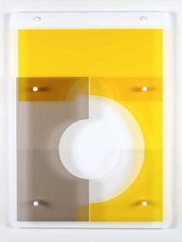 Geometric abstraction in laser-cut acrylic, white, brown, and yellow.