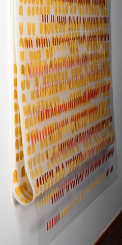 Red and yellow pattern drawing , flashe and gouache on Dura-lar, by Yvette Kaiser Smith