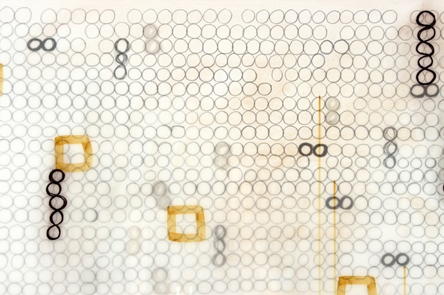Geometric, grid, mixed media drawing on Dura-Lar by Yvette Kaiser Smith