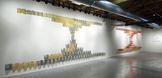 Geometric architectural crocheted fiberglass and polyester resin wall sculpture based on Pascal's Triangle by Yvette Kaiser Smith