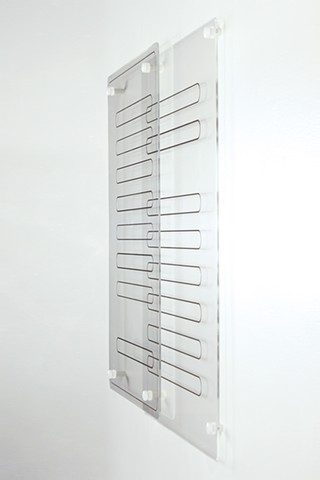 Geometric abstraction in laser-cut clear acrylic with marker based on the number e.