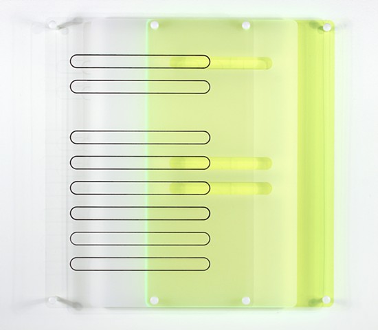 Geometric abstraction in laser-cut green, frosted, and clear acrylic based onsequence from e.