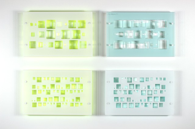Geometric abstraction in laser-cut blue, green, and blue acrylic based on pi.