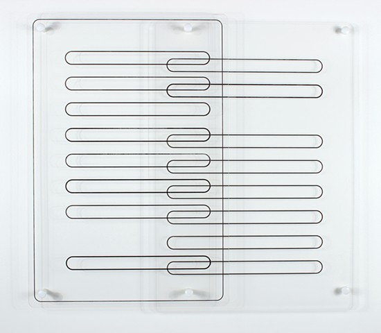 Geometric abstraction in laser-cut clear acrylic with marker based on the number e.