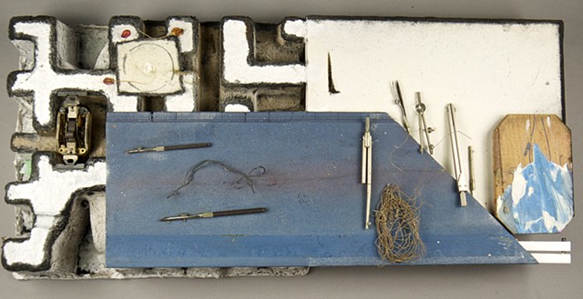 This piece by Steven Tannenbaum, titled: Blood I've Already Seen, is a Modern Assemblage Art piece that uses found objects such as cardboard packing material, drafting tools, dried radishes, wire, acrylic paint, & found wood,to make a beautiful boquet of