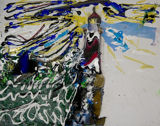 This modern assemblage art piece by Steven Tannenbaum of StructureSlash uses found objects and paint to portray a picture of a lighthouse and the ocean