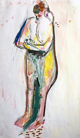 A figure painting by Steven Tannenbaum done from a nude model using acrylic paint, mixed media found objects (orange peel, used firecrackers, plastic), cardboard, and orange peel on paper
