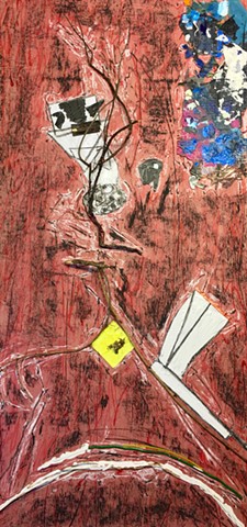 This piece by Steven Tannenbaum, titled "The Renumeration, is part of the "ation" series and involves sticks added to a rectangular shape to create a person standing or waving or shouting.