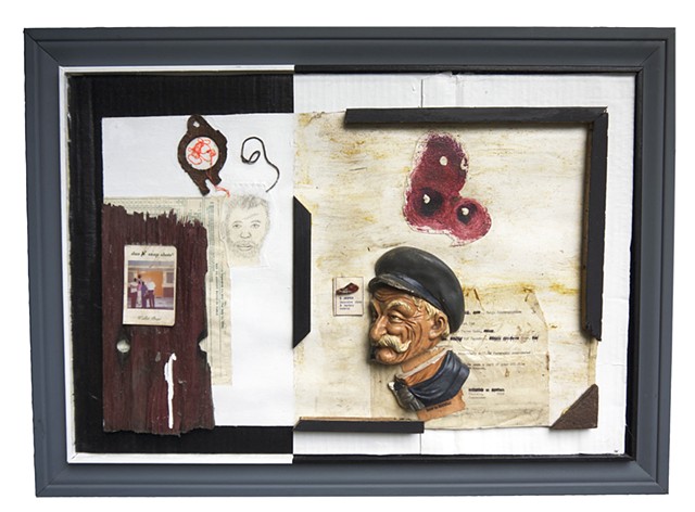 Assemblage art with found pieces and past sketches using black and white to delineate boundaries and create a juxtaposition of images, colors, and objects