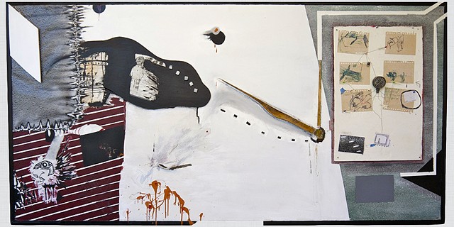 A mixed media assemblage piece by Steven Tannenbaum describing the balance between logic and emotion, dream and reality, it uses dream elements along with past sketches, marker, found objects, and acrylic paint to evoke a crisp balanced look and feel