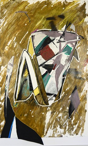 This Modern Assemblage Art piece by Steven Tannenbaum is a nude figure painting using red, black, yellow, and orange and depicts the female form using lines and angles along with triangles