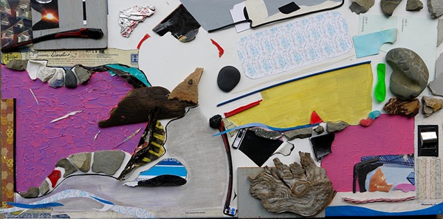 This mixed media / modern Assemblage art piece by Steven Tannenbaum uses acrylic paint and found objects to create an abstract and real artwork with birds and fishes