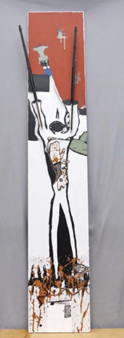 The Urgent Matters is a mixed media and assemblage art piece by Steven Tannenbaum that incorporates the colors orange, white, and black along with blue, along with windshield wipers and hourglasses and rubber snakes, plus past sketches into a coherent who