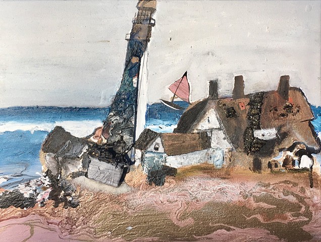 This mixed media / modern Assemblage art piece by Steven Tannenbaum uses acrylic paint and found objects to create a scene with a lighthouse, sea / ocean, and beach