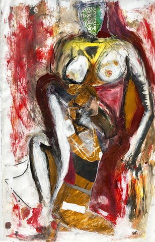 This mixed media / modern Assemblage art piece by Steven Tannenbaum uses acrylic paint, charcoal, and paper to build a nude figure into a larger figure painting