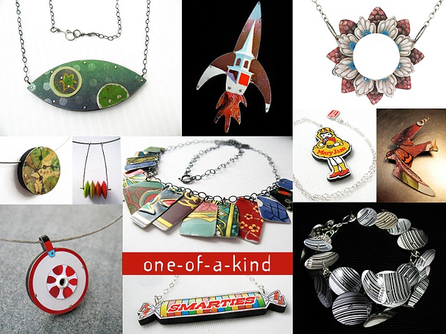 One-of-a-kind pieces made from upcycled decorative tins.