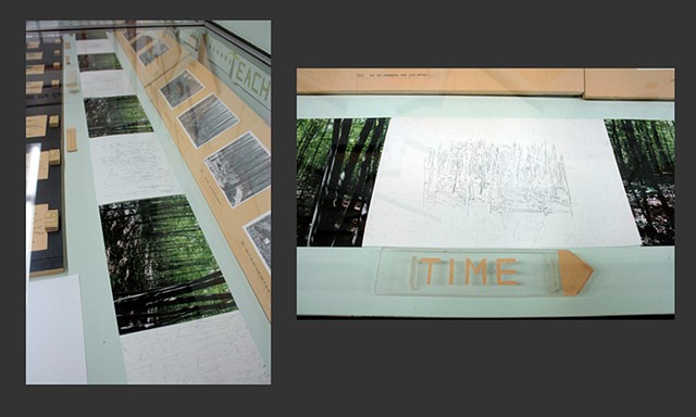 Installation View, "We've Been to this Site."(Detail of display case in back right of gallery).
