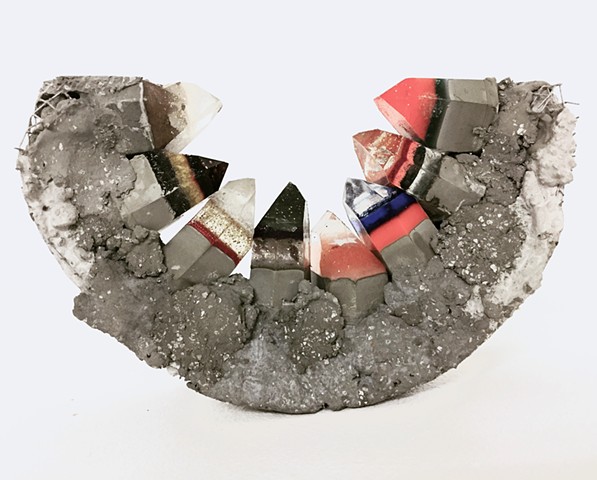 Present-day materiality and ubiquitous materials from the post-industrial age reimagined into future gems. They speculate on the future geological evidence of human impact and presence on the planet.