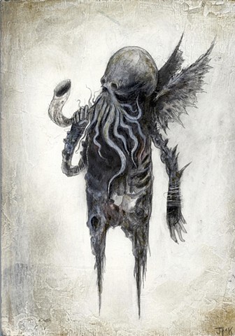 artwork, painting drawing depicting cthulhu, angel, demon, album cover, vinyl record, necronomicon, HP Lovecraft, Cosmic horror, old ones