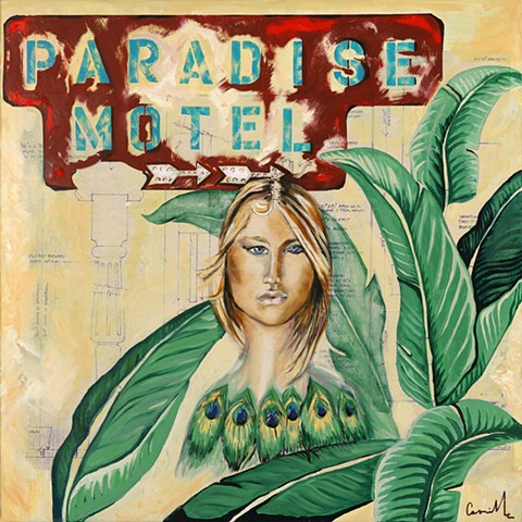 Polo Lounge Wallpaper palms, birds of paradise, banana palms, So Cal Art,mixed media, oil on canvas, affordable original art