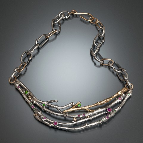 Apple branch necklace in sterling silver and gold with pink and green gems