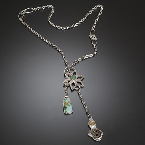 Sterling silver lariat, floral pattern with organic forms in green turquoise, pyrite, yellow